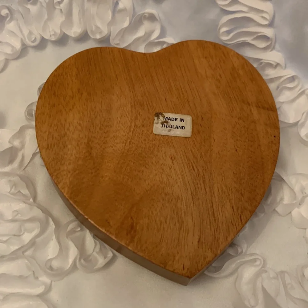 Wooden Vtg Heart Trinket Box Metal Etching Floral with Birds No Hinges Thailand